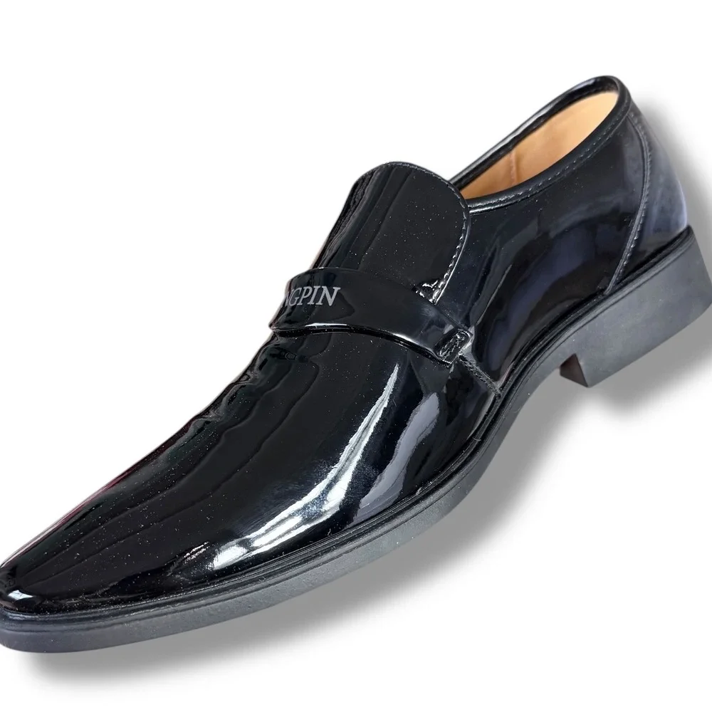 NIB JINGPIN Mens Black Patent Leather Dress Shoes Slip On Loafers Sz 8 US 42 EU